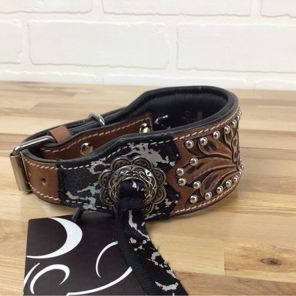 Mad Cow genuine leather western dog collar handmade brown black studded silver - Picture 5 of 16